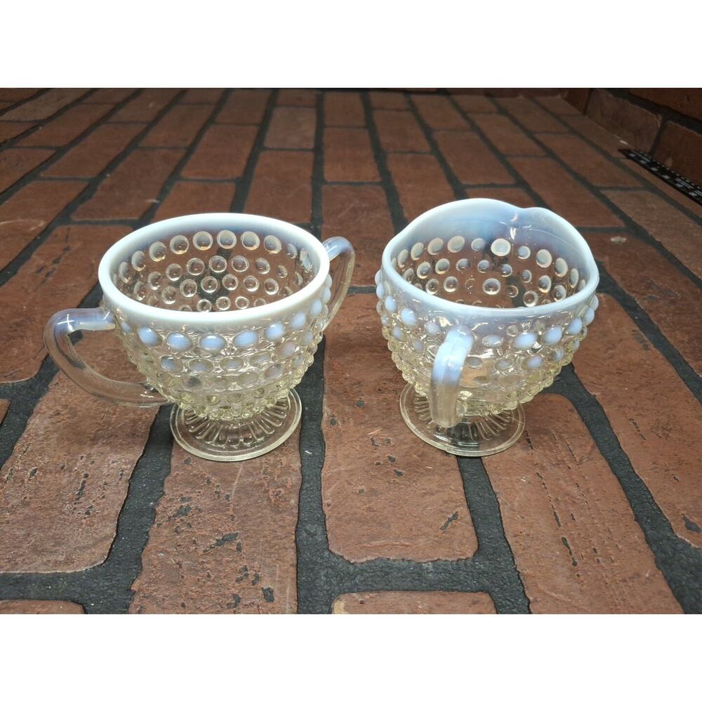 Vintage Fenton Opalescent White Hobnail Sugar and Creamer Set